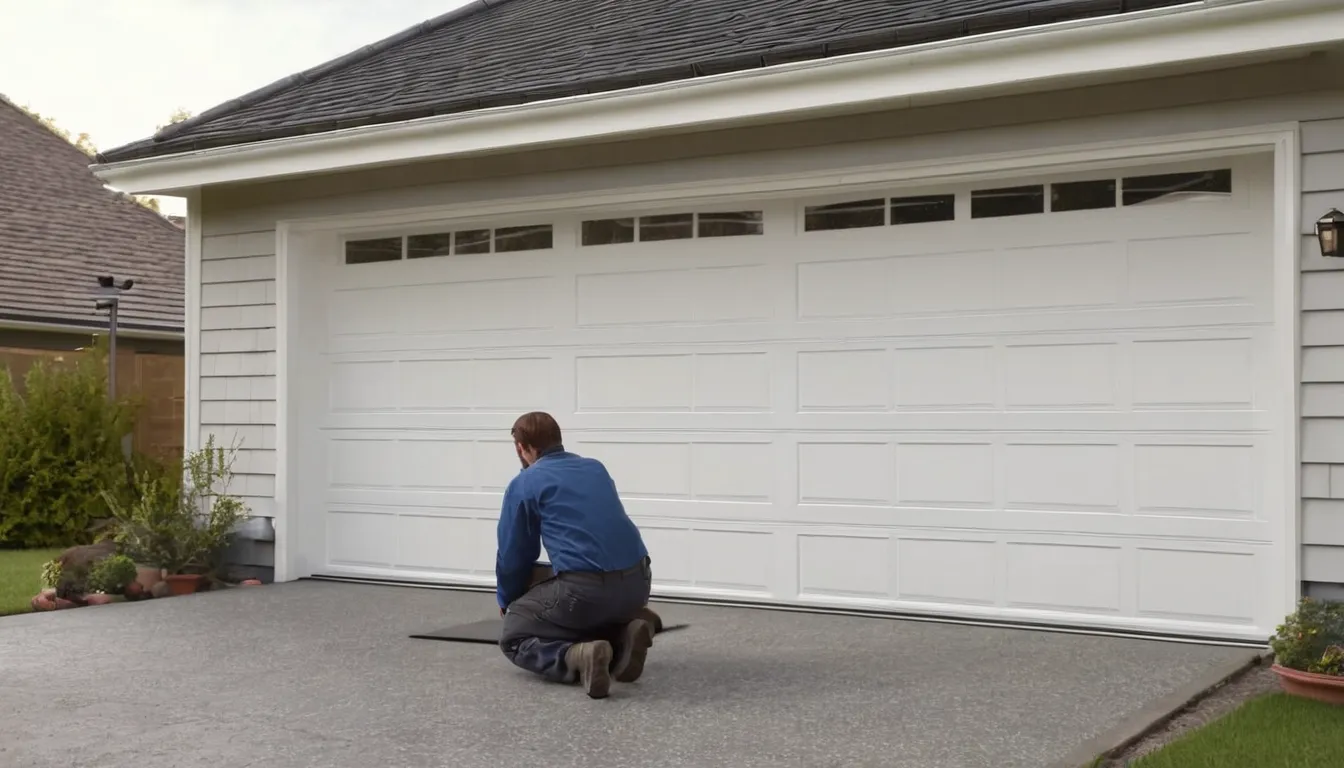 Local garage door provider checking a spring above a residential garage door in the Salem Lakes area